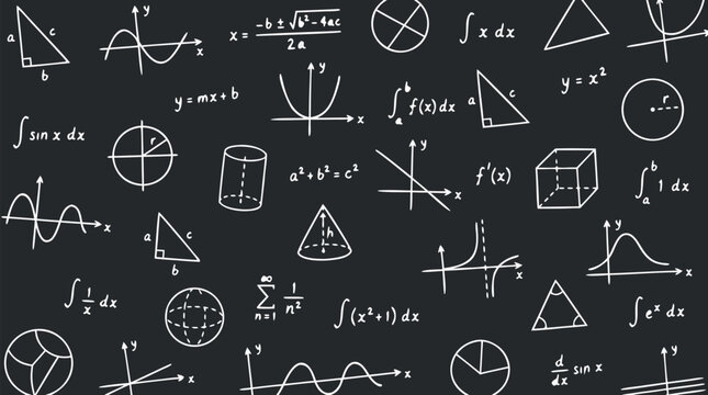 Seamless tile pattern with white chalk mathematical equations, geometric shapes, integral formulas, calculus graphs, and trigonometric functions on dark blackboard background for education