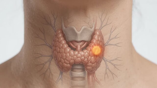 Medical illustration of a human thyroid gland with a glowing nodule on a neck, representing examination and diagnosis