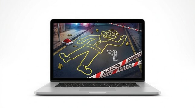 Humorous Christmas Crime Scene Chalk Outline on Laptop Screen