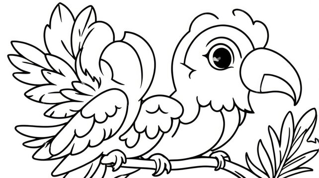 An educational coloring page template with an outline sketch of a happy little cartoon parrot spreading wings on a branch. Kids activity sheet design, cartoon wild bird graphic vector.