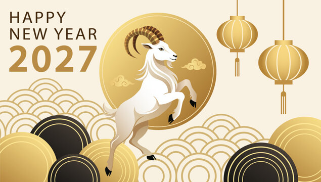 Chinese New Year 2027 template greeting card with lanterns and goat Happy New Year and symbol of the Year of the Goat design
