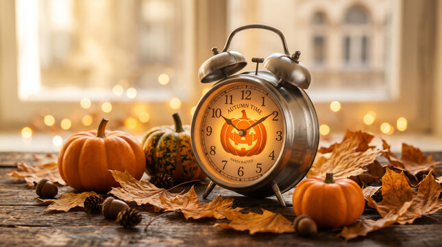 Vintage alarm clock with jackolantern face and autumn pumpkins on wooden table