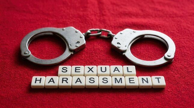 Handcuffs And Scrabble Tiles Spell Out Sexual Harassment On Red Background