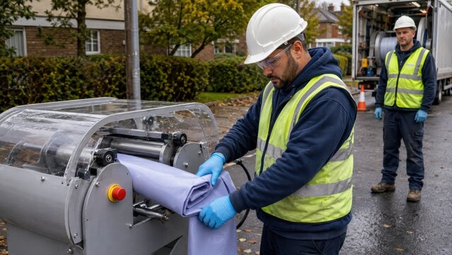 Technician Feeds a Flexible Liner Through Guide Rollers