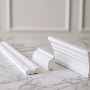 Architectural trim molding pieces on marble surface