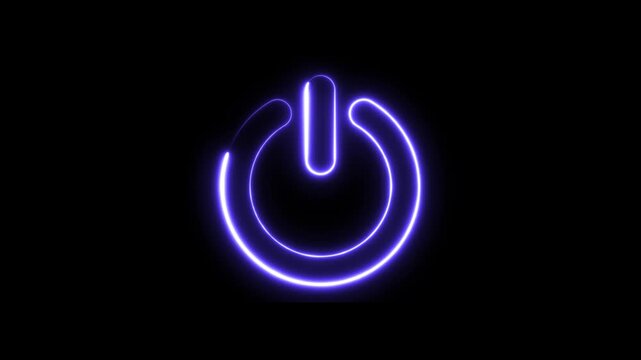 A glowing purple neon power symbol set against a dark black background animation, highlighting modern technology video.