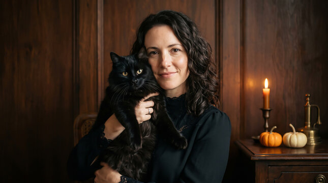 Woman holding a black cat in a vintage room with warm lighting and autumn decor