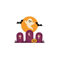 Fototapeta premium A whimsical ghost floats above purple tombstones and a pumpkin isolated on a transparent background