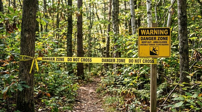 Forest Danger Zone Warning Sign Yellow Tape Barrier