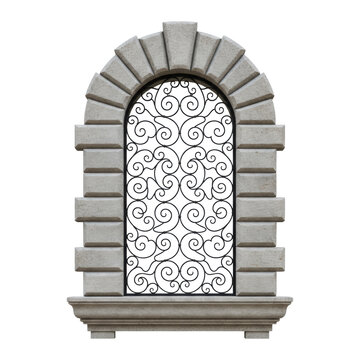 Isolated Italian Renaissance window architrave with arched black wrought iron frame, intricate scrollwork, light-gray rusticated stone, molded sill, transparent studio background. Architectural study