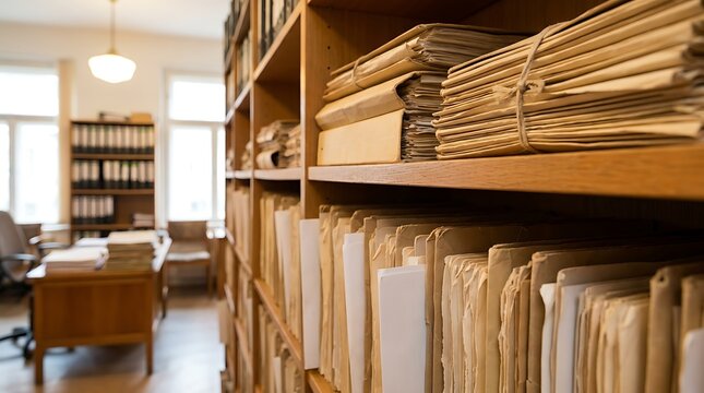 Rows of folders and files stacked neatly on wooden shelves in an old library archive room providing organized document storage and information retrieval.