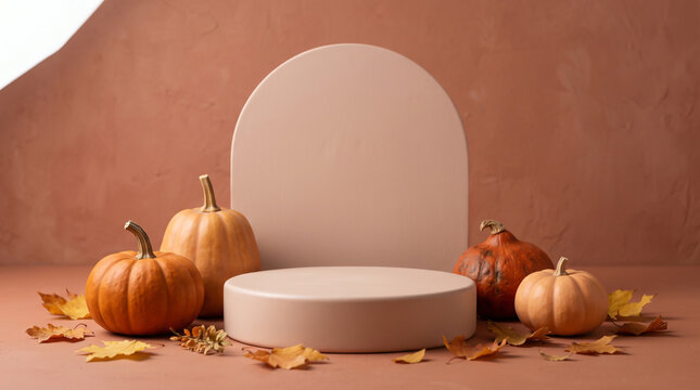 Autumn pumpkin display with minimalist platform and textured terracotta background