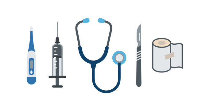 Neat arrangement of medical instruments including stethoscope, syringe, digital thermometer, scalpel and bandage roll. Healthcare tools vector illustration for medical clinic hospital concept.