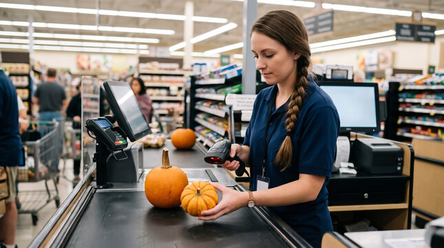 Young woman working as a cashier scanning pumpkins at a grocery store checkout counter