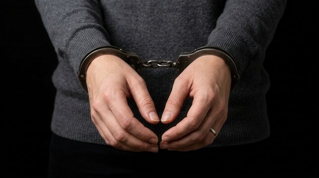 Hands Restrained In Metal Cuffs Against Dark Background