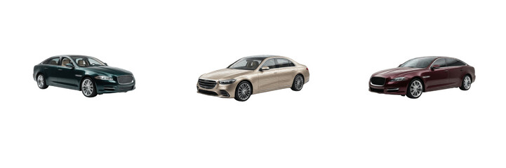 Fototapeta premium Luxury Sedans PNG Bundle: Executive Passenger Cars in Dark Green, Champagne Gold, and Burgundy, Premium Automotive and Urban Transport Graphic Elements Isolated on Transparent Background