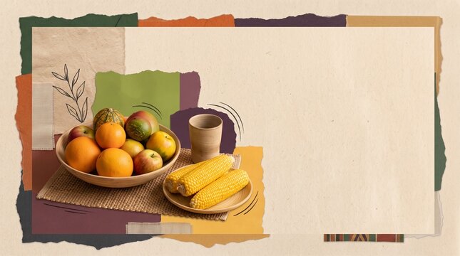 Kwanzaa harvest still life with corn, fresh fruit and unity cup on woven mkeka, arranged as a warm editorial collage with broad copy space
