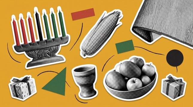 Bold Kwanzaa object collage with seven-candle kinara, corn, woven mkeka, unity cup, fresh fruit and wrapped zawadi gift on a warm mustard background
