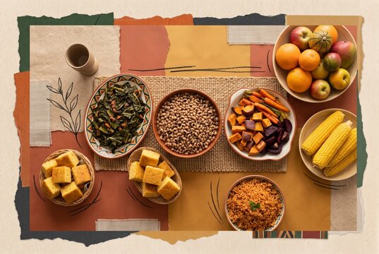 Top-view Kwanzaa Karamu feast with black-eyed peas, collard greens, cornbread, fruit, corn and unity cup on woven mkeka in a warm mixed-media collage