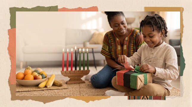 African American child opening a Kwanzaa gift at home beside a kinara and harvest symbols while a smiling parent watches in a warm family collage
