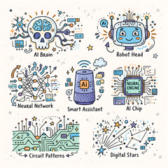 Obraz premium Artificial intelligence concepts with icons for brain robot network assistant chip and circuits on a light background