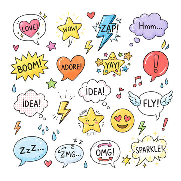 Hand drawn speech bubbles with comic style exclamations and emotions on white background
