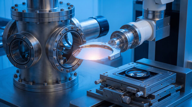 Close-up of a robotic arm handling a silicon wafer inside a high-tech semiconductor cleanroom, featuring a vacuum chamber and lithography stage under sterile blue lighting.