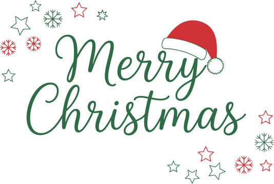 Merry Christmas Calligraphy with Santa Hat and Holiday Stars