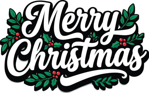 Festive merry christmas hand lettered typography with holiday decorations
