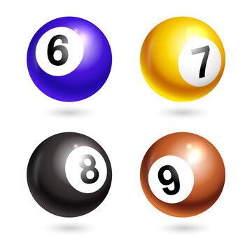 Colorful pool balls numbered 6, 7, 8, 9 transparent background