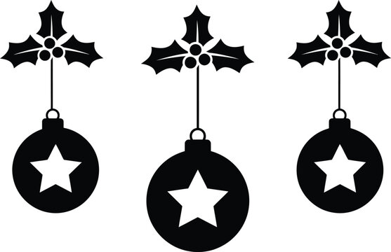 Three black christmas ornaments with star accents hanging from holly
