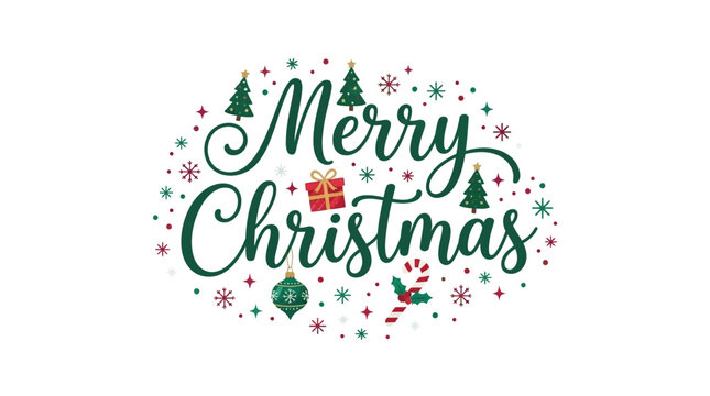 Festive merry christmas hand lettered typography with holiday decorations