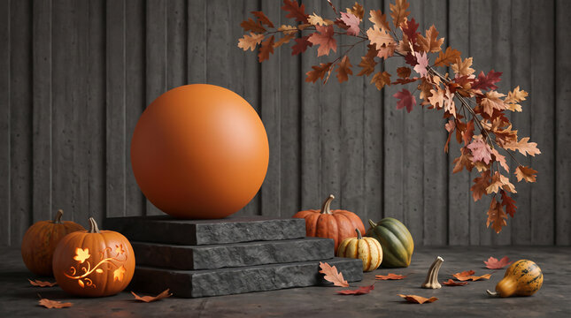 Autumn pumpkins and falling leaves with an orange sphere on a dark wooden background