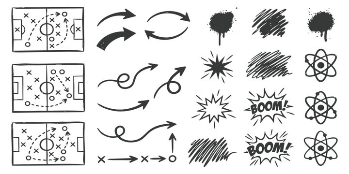 Set of hand drawn soccer tactics diagrams, arrows, comic sound effects, scribble textures and atom icons