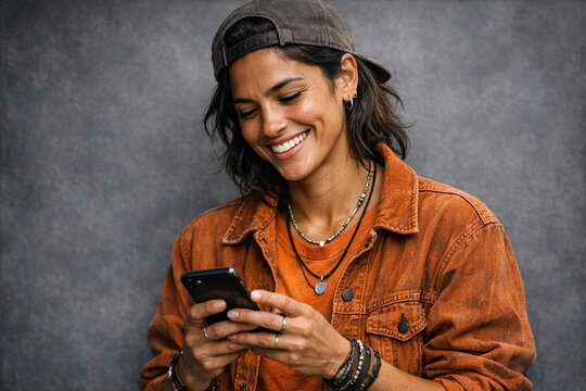 A happy woman texting on her smartphone, enjoying the moment and her communication.