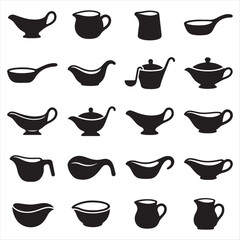 Obraz premium Set of black icons showing gravy boats and various ceramic sauce containers with gravy boat ceramic container kitchen utensils tableware icons sauce bowl serving dish table service culinary ico