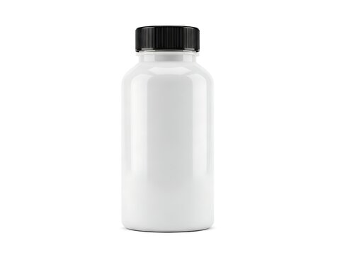 White plastic bottle with black cap, empty container, storage jar, cosmetic bottle, supplement container
