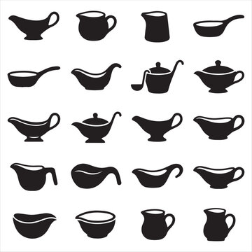 Set of black icons showing gravy boats and various ceramic sauce containers with gravy boat ceramic container kitchen utensils tableware icons sauce bowl serving dish table service culinary ico