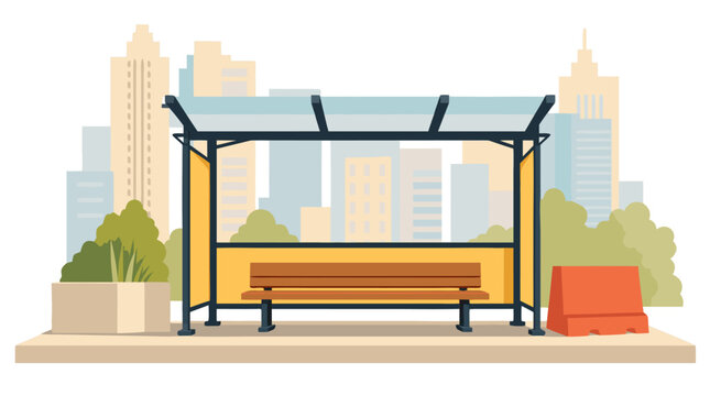 Modern Bus Stop Shelter with Wooden Bench and Translucent Roof, Urban City Skyline with Skyscrapers Softly Blurred in Background, Flat Vector Illustration Design - detailed commercial stock imagery