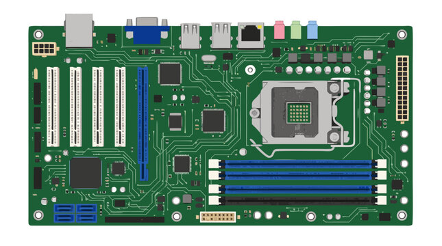 Detailed top view of green computer motherboard with CPU socket, RAM slots, PCI slots, microchips and circuits, flat vector illustration isolated on white background for hardware technology