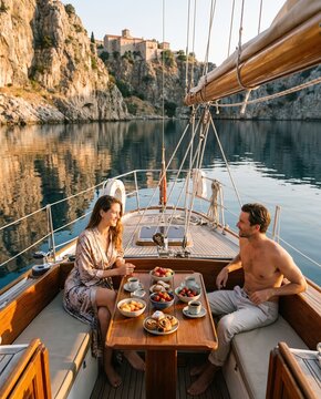 Couple dining at a table set with food on the aft deck of a yacht anchored beside rocky cliffs, luxury yacht charter lifestyle