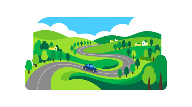Vibrant flat vector illustration of a small blue car driving along a winding countryside road surrounded by lush green trees rolling hills and quaint houses under a bright blue sky
