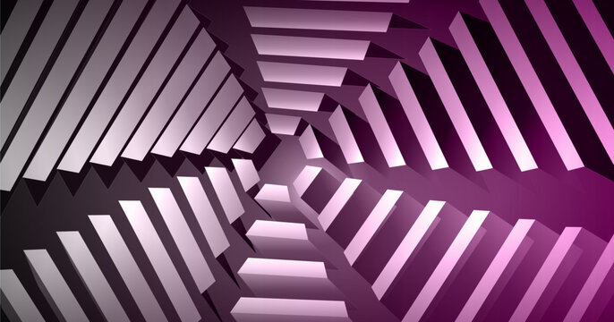 Abstract geometric spiral background, purple 3D pentagonal tunnel vector, futuristic architectural vortex pattern for tech banners