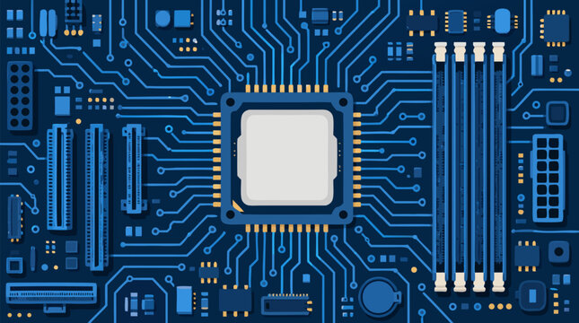 Seamless Technology Connection of Motherboard CPU Background with Blue Circuit Board Pattern and Central Processor Chip Electronic Components Vector Illustration for Digital Design