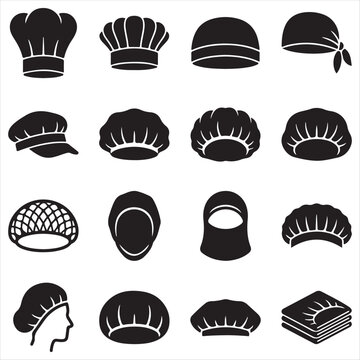 Chef hats and kitchen hair net icons set with hair nets kitchen headwear cooking caps restaurant uniform food safety kitchen apparel baker hat protective gear head covering icon set culinary
