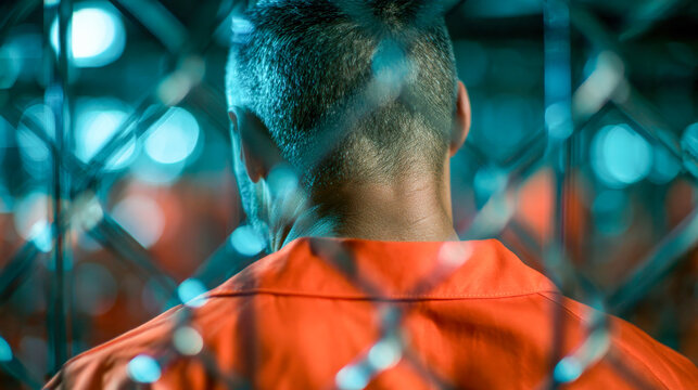 Rear view of a male inmate in an orange prison uniform sitting behind a chain link fence, symbolizing imprisonment, isolation, custody and restricted freedom