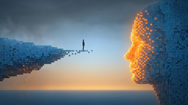 Minimalist corporate figure stands on edge of voxel cliff facing giant pixelated digital face illuminated with warm orange light symbolizing ai connection.