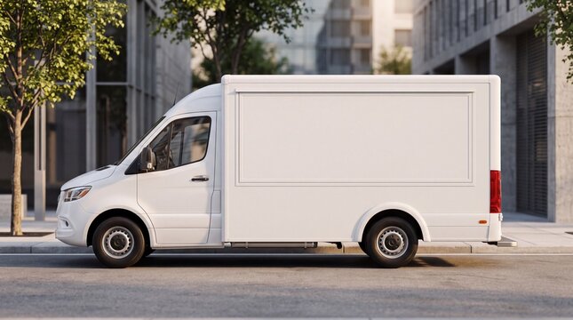 Blank white food truck mockup parked on city street side view, empty template for catering or delivery van branding and advertisement design