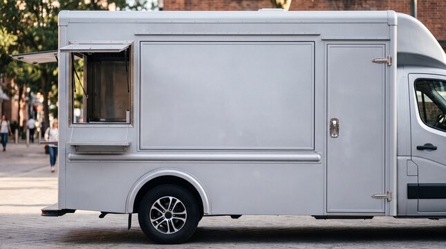 Clean white food truck van mockup with open service hatch window, side view blank template for street food catering, delivery, and advertisement