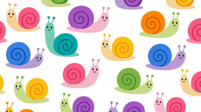 Cute cartoon snails with colorful spiral shells in seamless repeating pattern on white background whimsical vector illustration perfect nursery wallpaper fabric textile surface pattern design